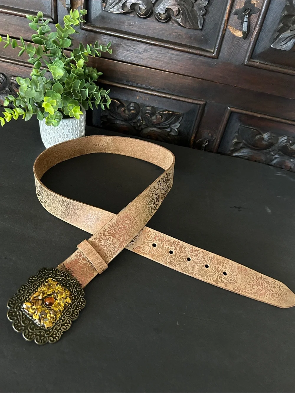 Tooled Tan Leather Belt with Ornate Amber Buckle